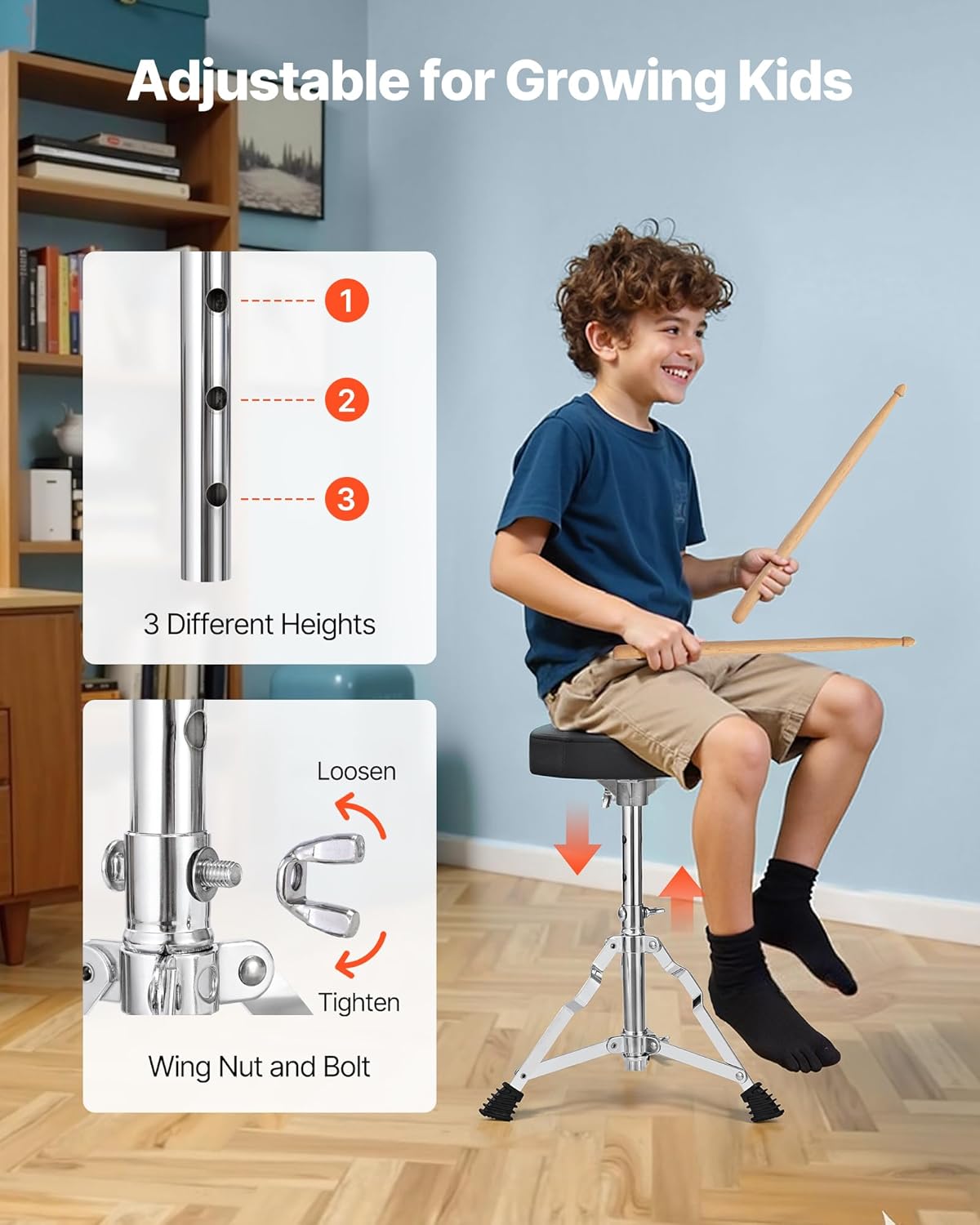 VEVOR Kids Drum Set, 3-Piece 14 in Junior Drum Sets, Beginner Drums Set with Adjustable Throne, Cymbal & 4pcs Drumsticks, Musical Learning Drums Instruments Kit, for Children Ages 6-13, Sky Blue