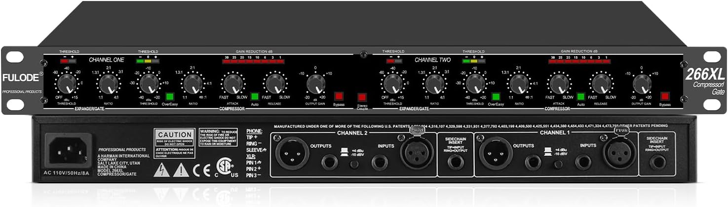 Audio Compressor, Professional Dual-Channel Rackmount Vocal Compressor/Limiter with Noise Gate, Sidechain Insert, and XLR/TRS Inputs for Studio, Live & Streaming