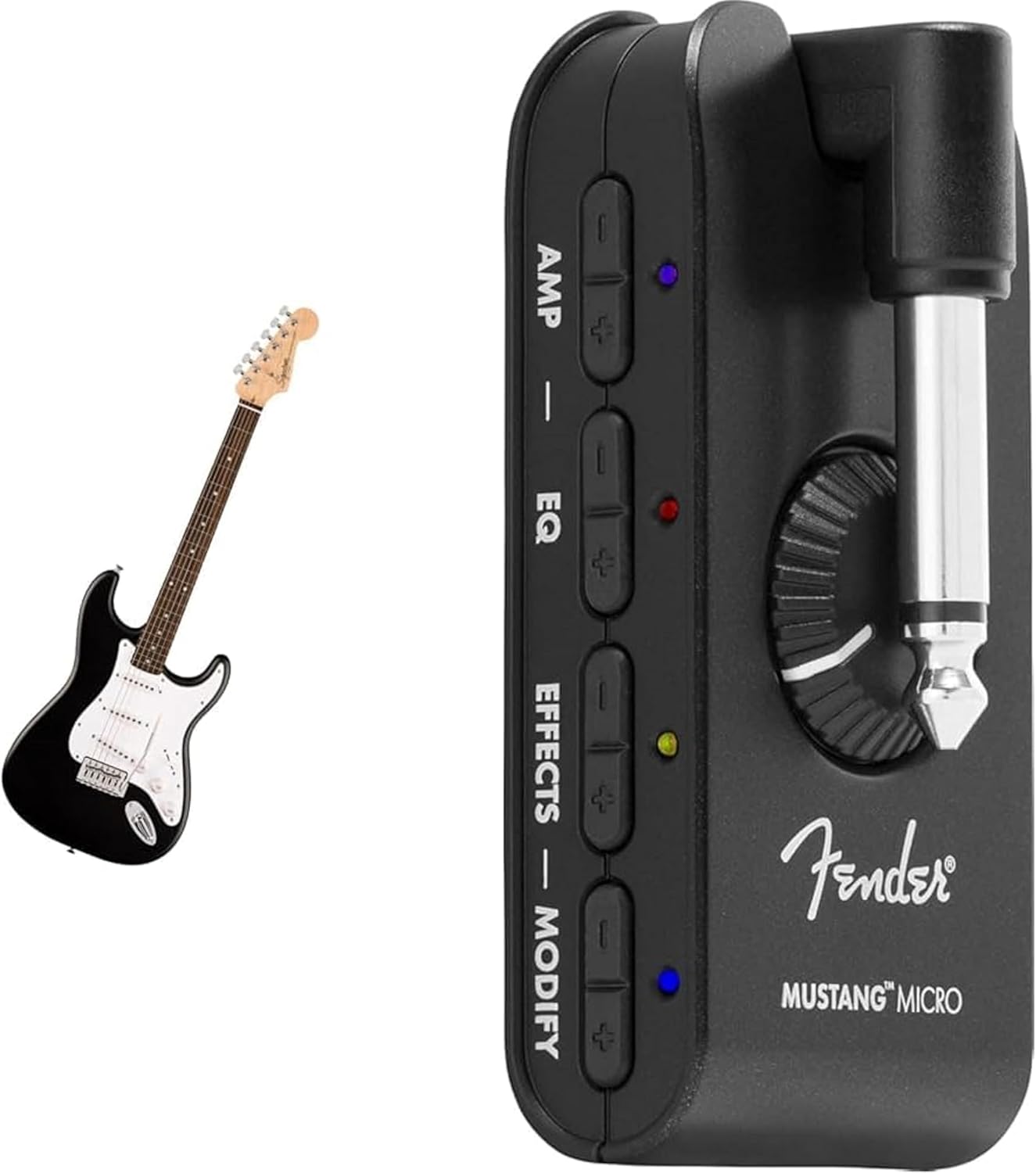 Fender Squier Debut Series Stratocaster Electric Guitar, Beginner Guitar, Black with Matte Finish + Fender Mustang Micro Headphone Amplifier