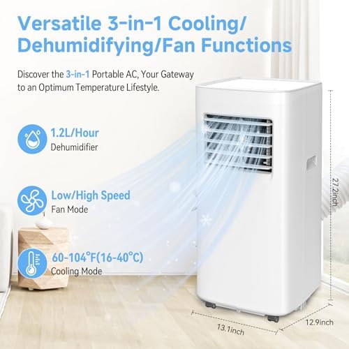 8500 BTU Portable Air Conditioners with Dehumidifier & Fan - 3-in-1 Cooling Unit for Rooms up to 450 Sq.Ft, Remote Control, Sleep Mode & Easy Installation Kit, Ideal for Studios/Offices/Home Use