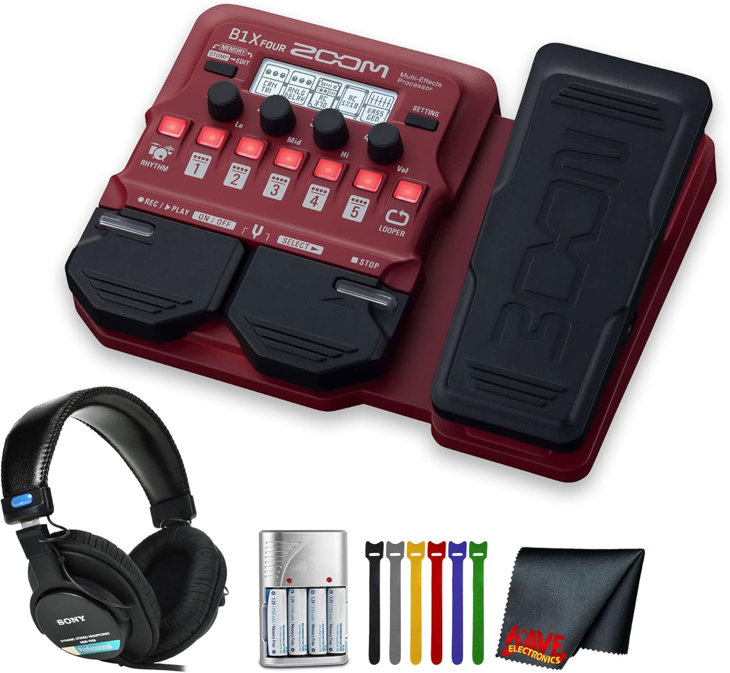 Zoom B1X Four Bass Multi-Effects Pedal with Expression Pedal Bundle With MDR-7506 Professional Stereo Headphones + Microfiber Cleaning Cloth + Balanced Interconnect 1/4 inch TRS to Same Cable