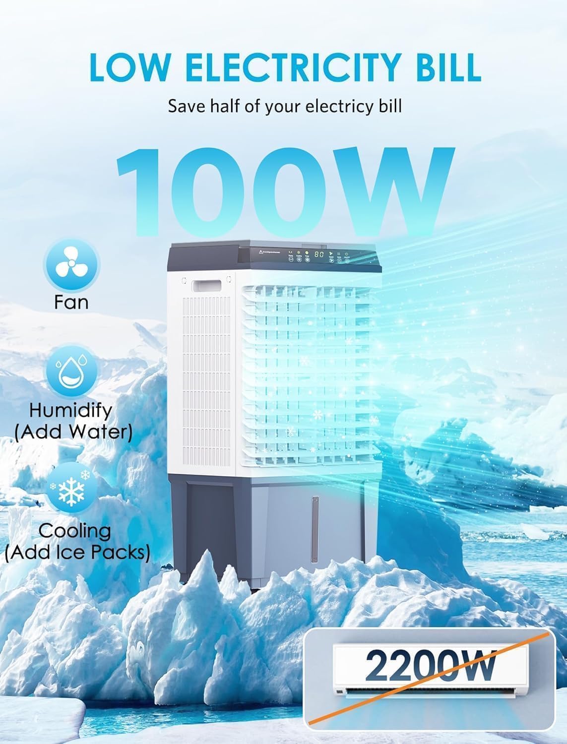 Air Choice Swamp Cooler, 1800 CFM Evaporative Air Cooler, 6 Ice Box & 5.3 Gal Water Tank, 110° Auto Swing, 3 Speeds, Large Remote, 12H Timer, 3-in-1 Portable Air Cooler Fan for Outdoor Bedroom Office