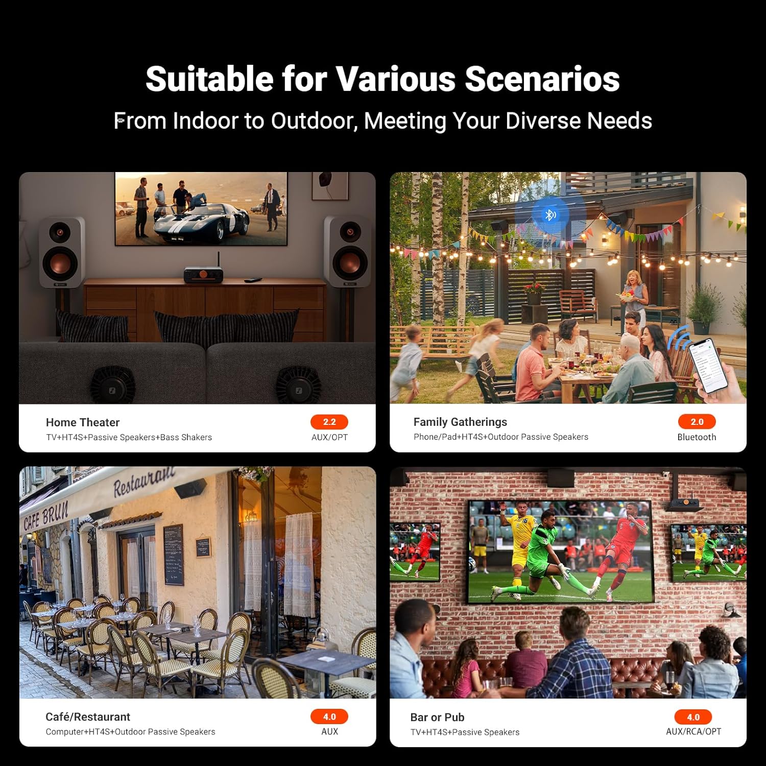 Fosi Audio HT4S Bluetooth Amplifier for Outdoor Speakers, 4 Channel Power Amp for Home Theater, Outdoor Gathering, 4.1/5.0 Ch Stereo Home Audio Receiver, Supports AUX/Optical Input with Remote Control