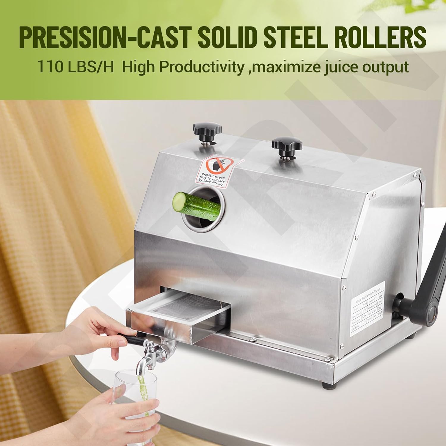 Manual Sugar Cane Juicer Machine,Commercial Sugar Cane Press with 3 Stainless Steel Drums and 2.4-inch Large Inlet,110LBS/H,for Hotel,Restaurant,Super Market