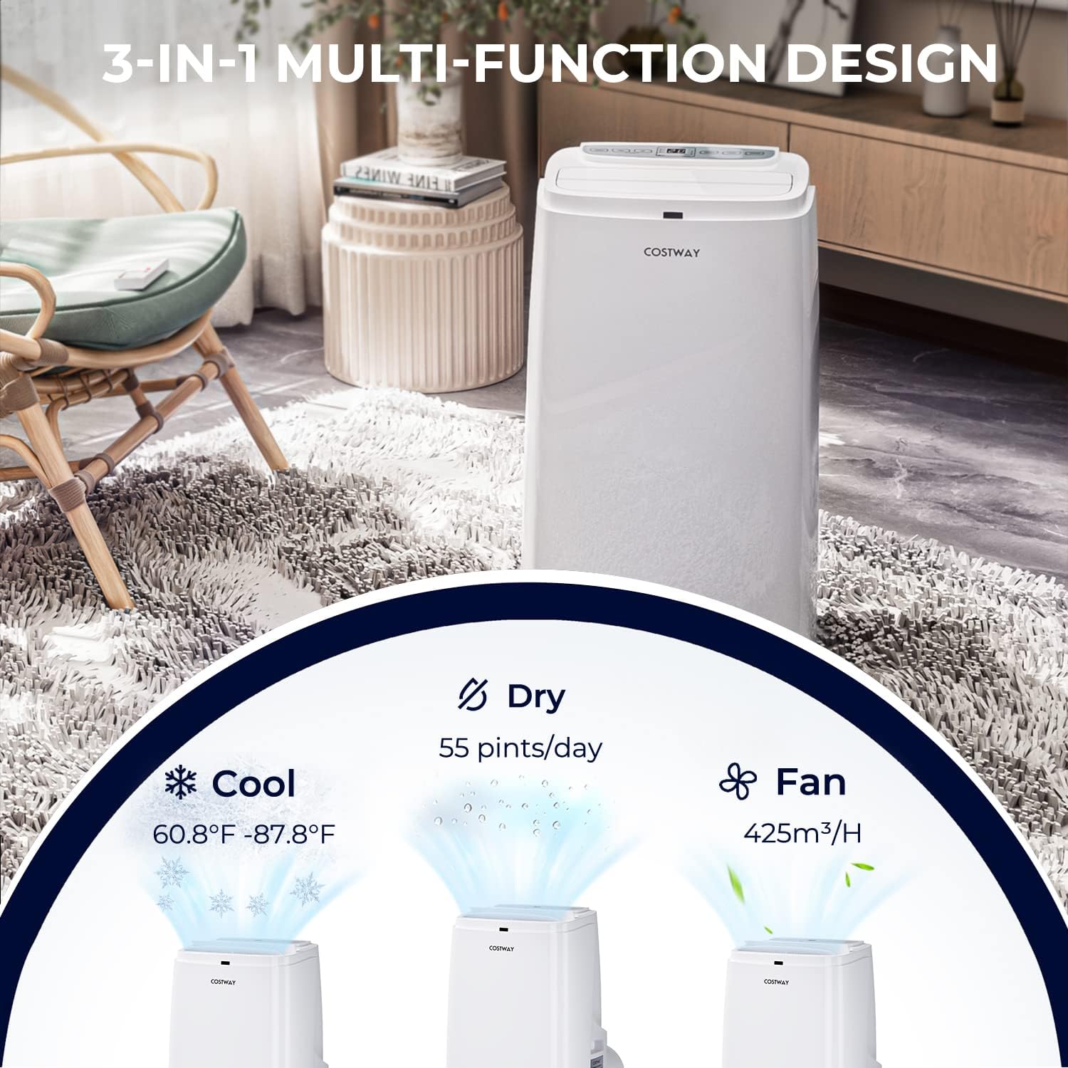 COSTWAY Portable Air Conditioner 9000 BTU, 3 in 1 Air Cooler with Fan & Dehumidifier, Quiet AC Unit Cools Rooms up to 350 sq.ft, Sleep Mode, 3 Fan Speeds, 24H Timer, Digital Display & Remote Control (9000BTU)