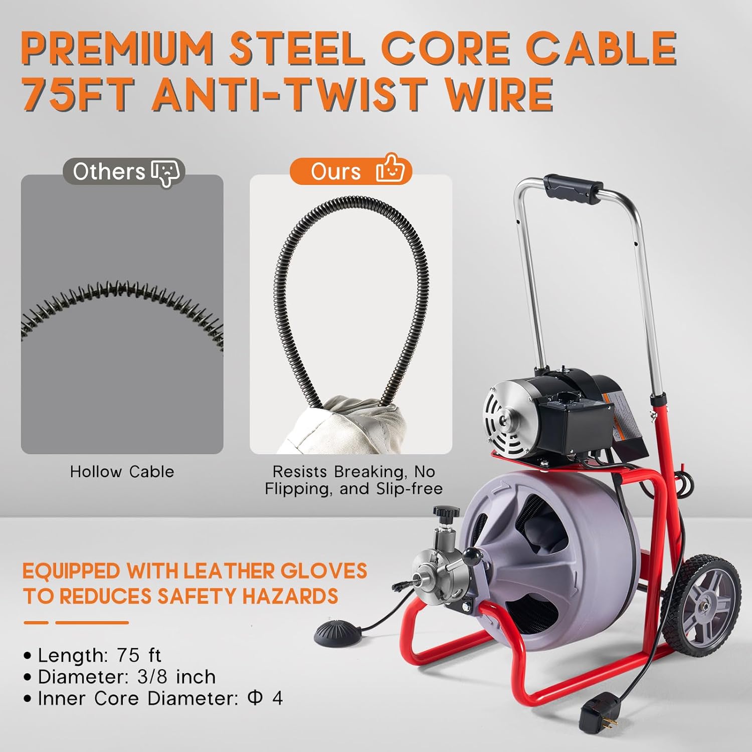 Albott 75 FT x 3/8 inch Electric Drain Cleaner Machine with Auto-Feed & 9 Cutters, Sewer Snake Auger for 1–4 Inch Pipes, Foot Switch & Wheels, Ideal for Home & Commercial Use, Grey/Red