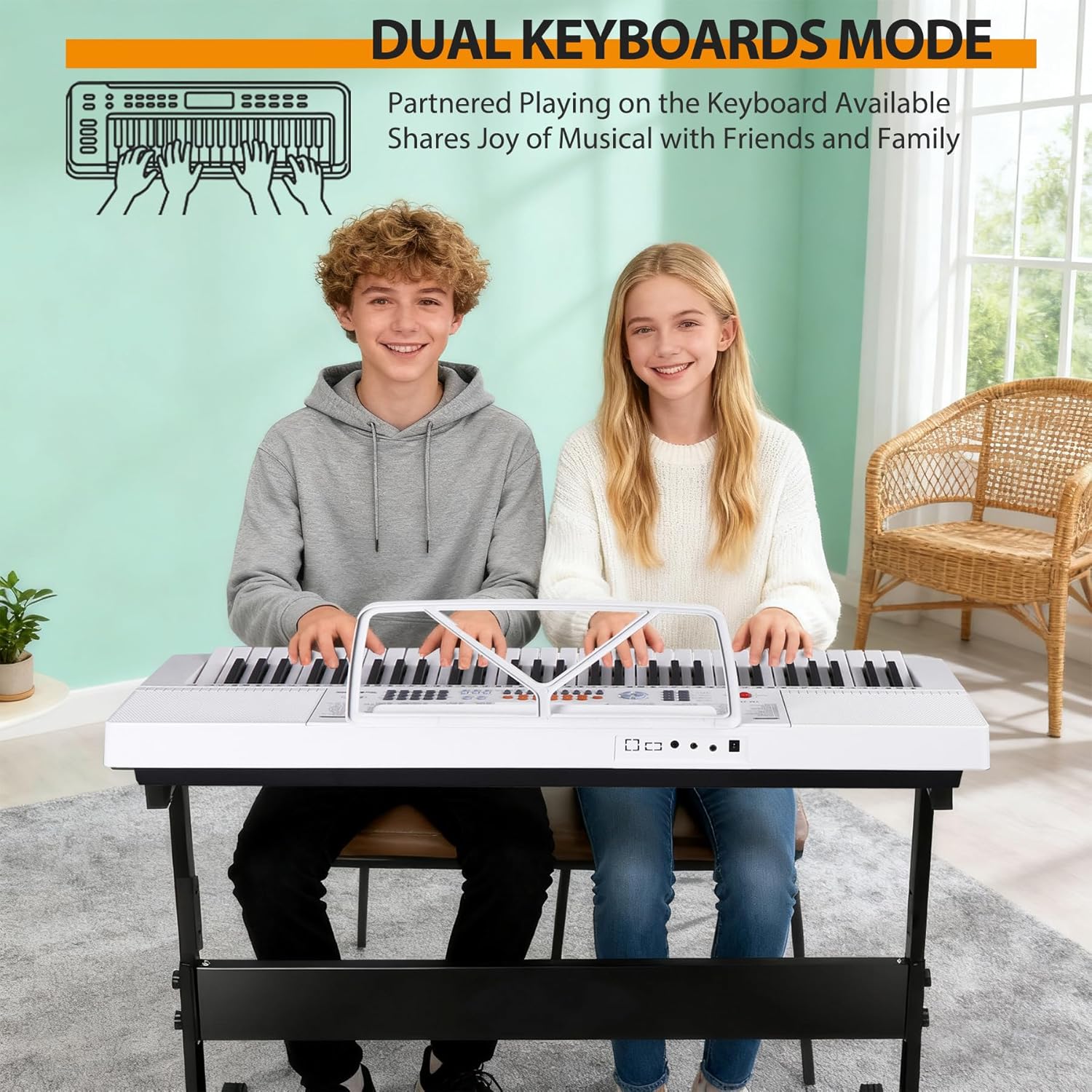 61 Keys Electronic Keyboard Piano Complete LED Display Keyboard Kit with Stand Built-in Speakers Headphones Microphone Music Sheet Stand and Stool, White