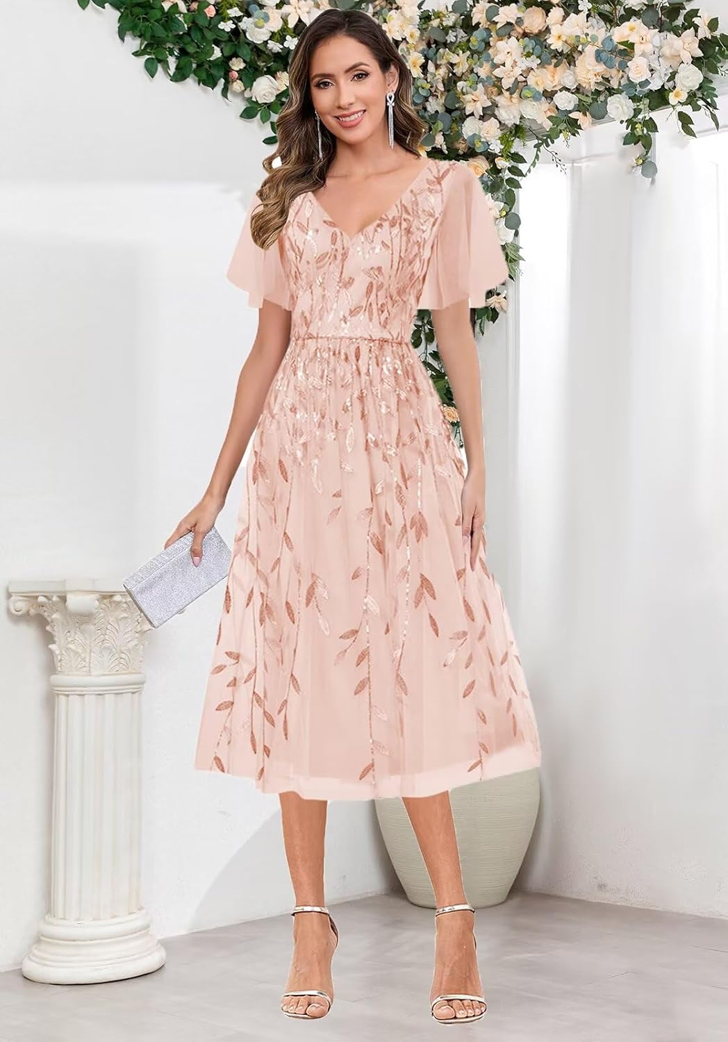 Sukleet Tea Length Sparkly Mother of The Bride Dresses for Women V Neck Flutter Sleeve Sequin Cocktail Party Dress