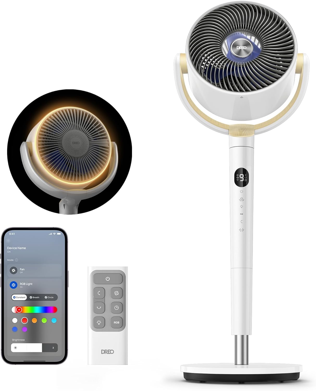 Dreo Smart Fan for Bedroom, 120° +120° Omni-Directional Oscillating Fans, 90ft Quiet Pedestal Fan with RGB Light, 9 Speeds, 6 Modes, 20dB, 8H Timer, Wi-Fi/Voice/Alexa, 37-42