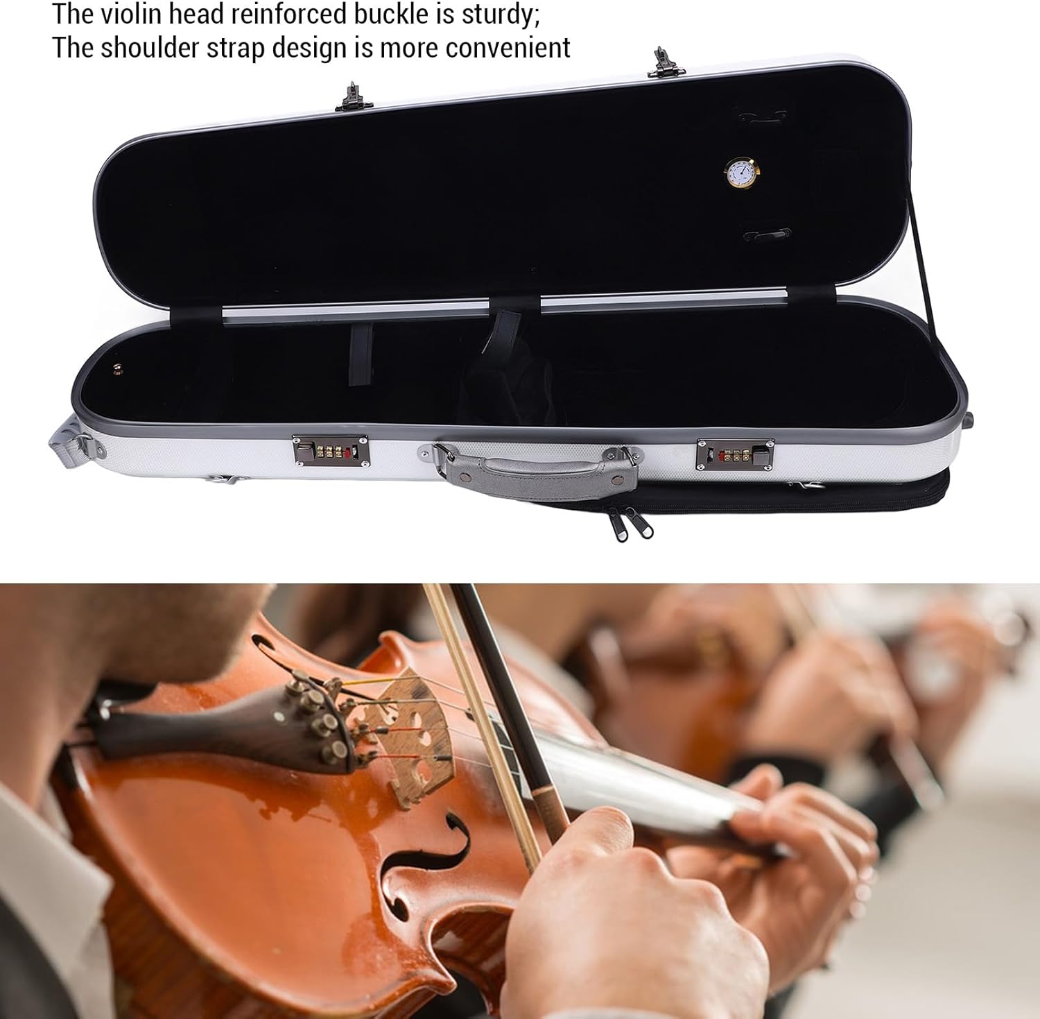 White 4/4 Carbon Fiber Violin Case Secure Locks Hygrometer 2 Shoulder Straps for 4/4, 3/4, 1/2, 1/8 Violins