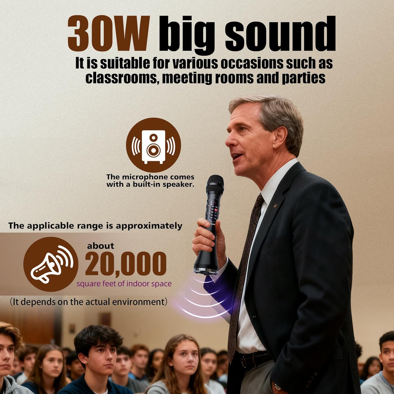 Karaoke Microphone Wireless Bluetooth,Handheld Voice Amplifier,Portable Mic with Speaker 30W High Power DSP Chip Smart Noise Reduction for Car/Indoor/Outdoor Speaking Teaching Singing