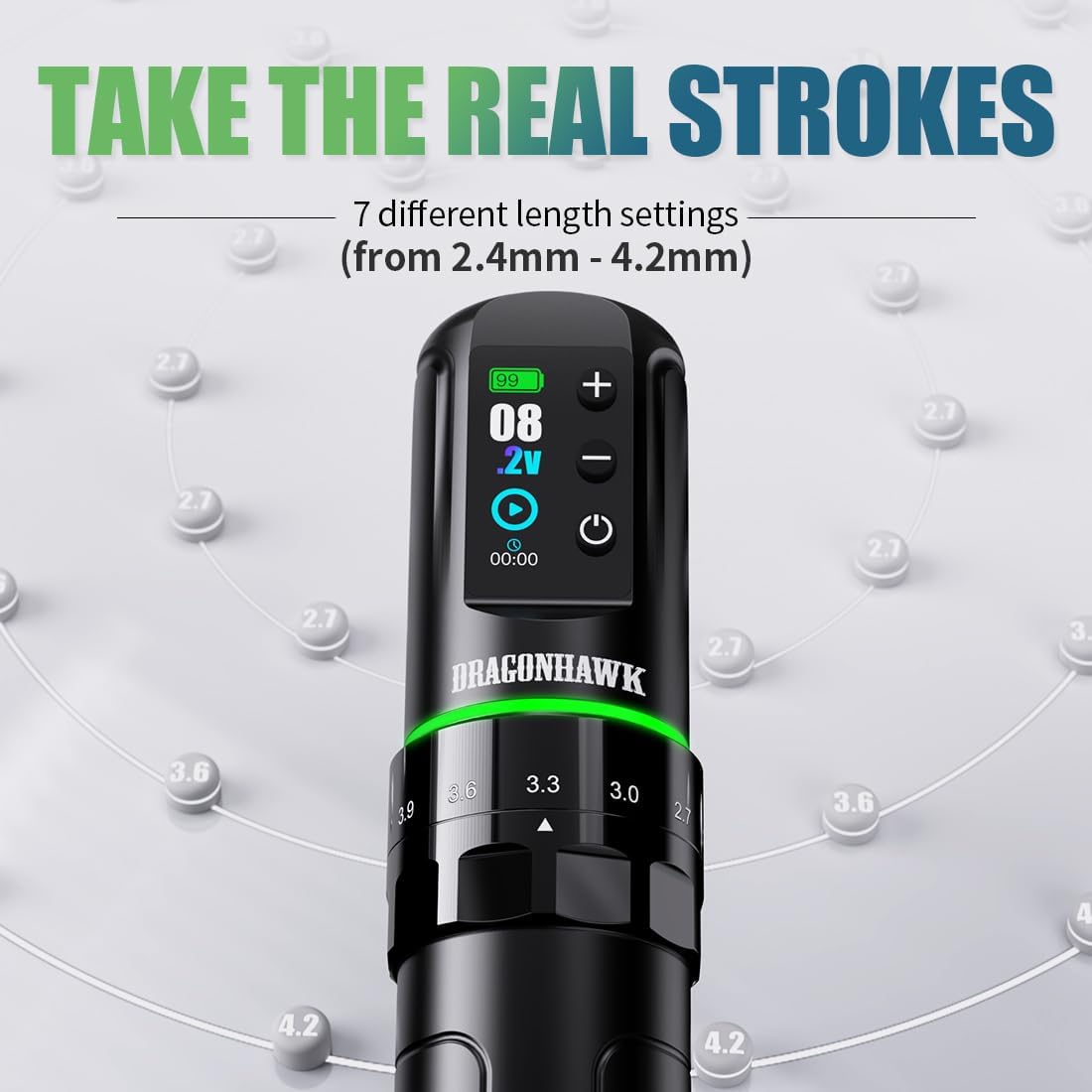 Dragonhawk L3 Cordless/Cord Tattoo Gun Rotary Pen Machine, 7 Strokes Length for Pro Artists, Powerful Mcore-L Tattoo Motor, Smart Display 2,000mAh Battery Power Supply Silver