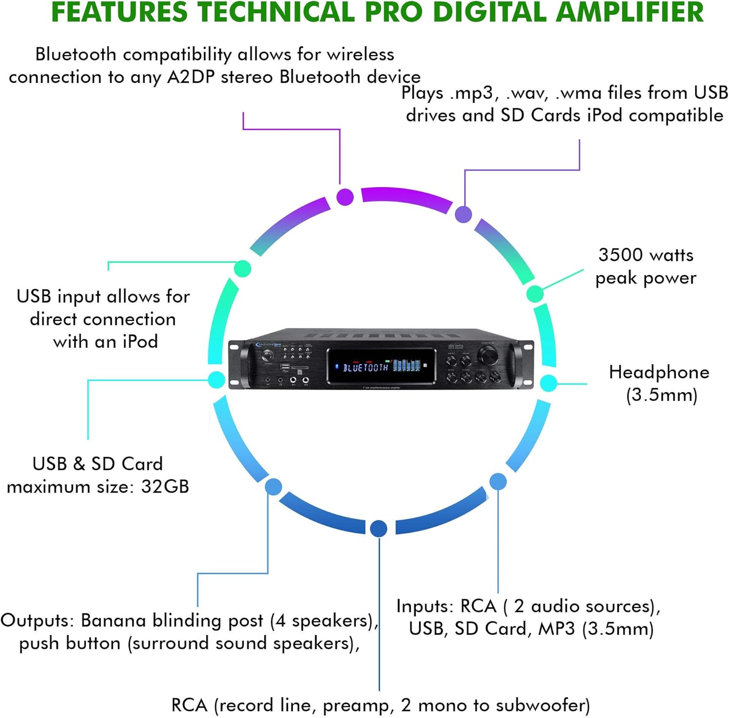 Technical Pro 3500 Watts Digital Hybrid Amplifier, Preamp/Tuner with USB SD Card Inputs, FM Radio, Recorder, Bluetooth, & Remote Control