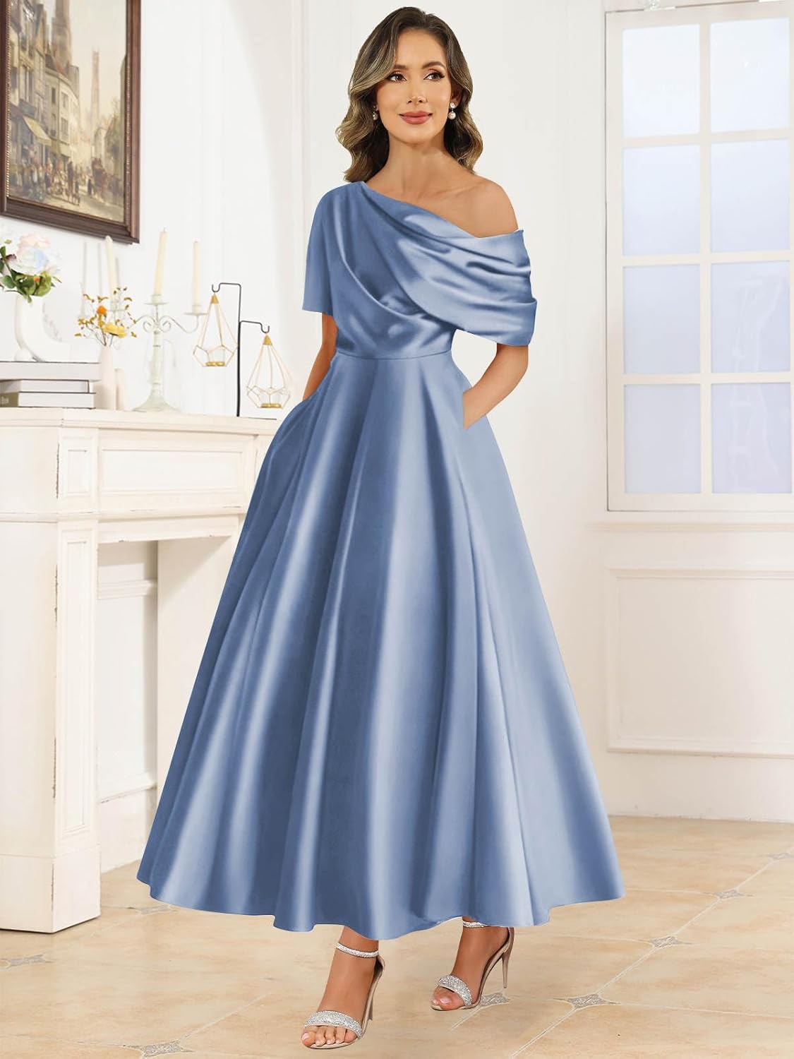 Tea Length Satin Mother of The Bride Dresses for Women One Shoulder Pleated Formal Evening Gown with Pockets