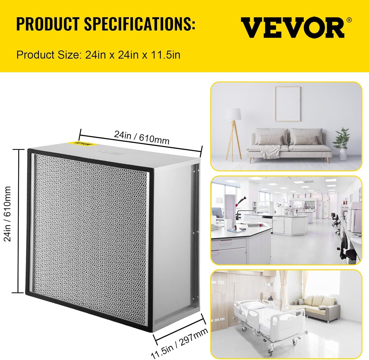 VEVOR Filter Replacement, 24'' x 24'' x 11.5'' Air Purifier, HEPA Pleated Air Scrubber, Air Filter Replacement with Galvanized Frame, 99.97% Standard Filter Compatible for HEPA Filter Novair 2000