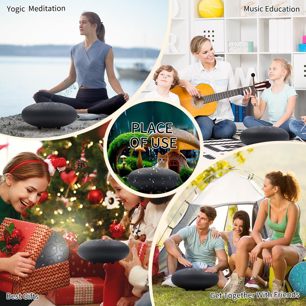 Steel Tongue Drum 12 Inches 15 Notes Musical Instruments, D Major Percussion Instrument with Soft Bag, Music Book and 2 Mallets for Meditation (black)