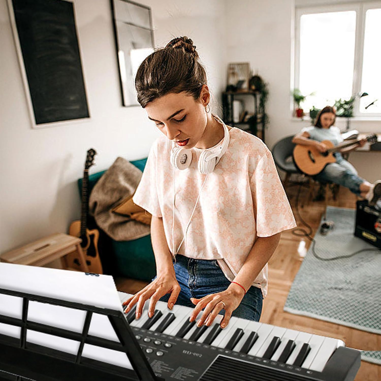 AQNIEGEP 61 Key Electric Keyboard Piano for Beginners w/Light-Up Keys, Christmas Gifts, Full Set: Stand, Bench, Headphones, Padded Bag, Note Stickers, 70 Demos, 200 Rhythms/Tones, LED Display