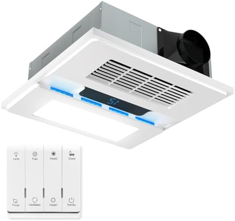 1800W Bathroom Exhaust Fan with Light and Heater, 110 CFM 4-in-1 Ceiling Vent Fan, 1.0 Sone Quiet Operation, 11.2” x 11.2” Ceiling Cutout, 13.8” Grille, 6500K LED Light, Metal Housing