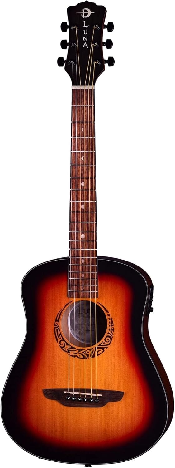 Luna Safari Tribal Left-handed Travel Acoustic-electric Guitar - Tobacco Sunburst Satin