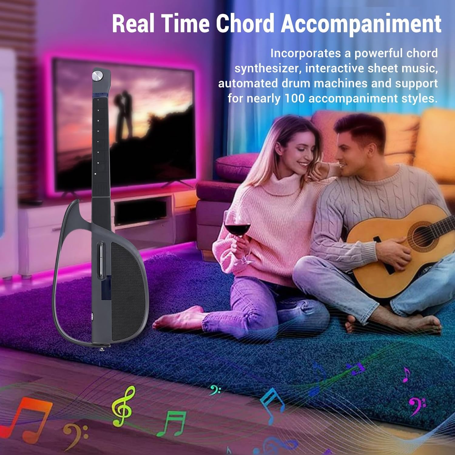 Stringless Guitar, Innovative Stringless Acoustic Electric Guitar, C1 Portable Foldable, for Beginners, Adults, Enthusiasts (Black Grey)