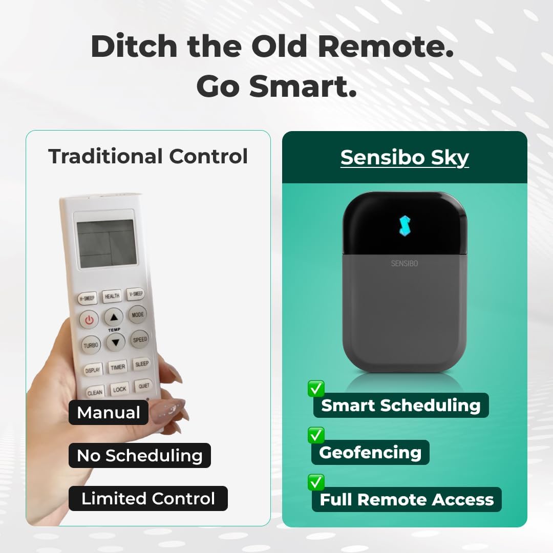 Sensibo Sky, Smart Wireless Air Conditioner Controller. Quick & Easy DIY Installation. Maintains Comfort with Energy Efficient. Automatic Wifi Thermostat Control App. Google, Alexa and Siri Compatible
