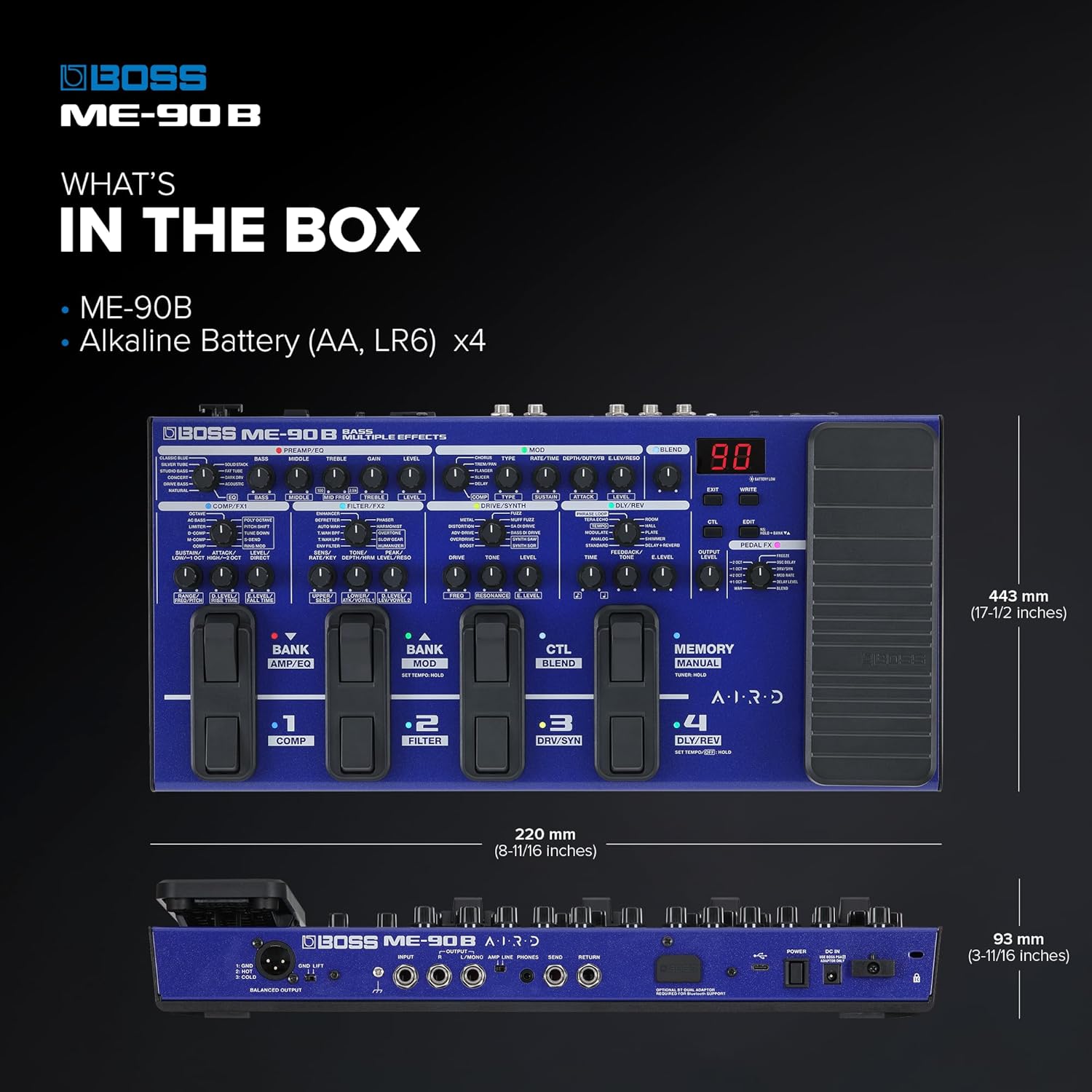 BOSS ME-90B Bass Multi-Effects | All-In-One Bass Processor | 10 Onboard AIRD Amp Models | 61 Effects from the BOSS Bass Effects Library | 8 Multi-Function Footswitches & Redesigned Expression Pedal
