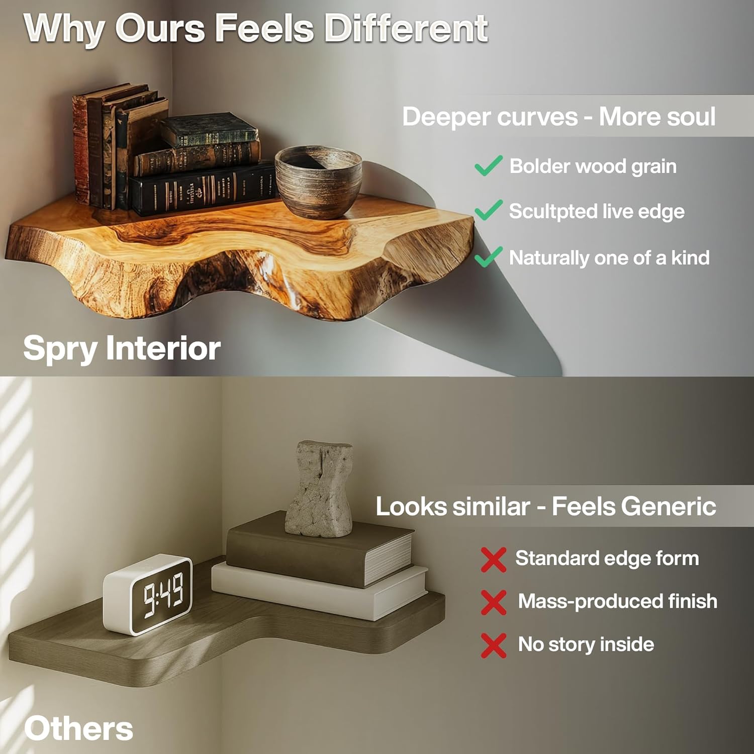 Farmhouse Live Edge Corner Floating Shelves - Handcrafted Rustic Solid Wood, Heavy-Duty Hidden Brackets, Wall Mounted Decor for Bedroom, Living Room - (11.7''L x 11.7''R x 1.4''H, Walnut)