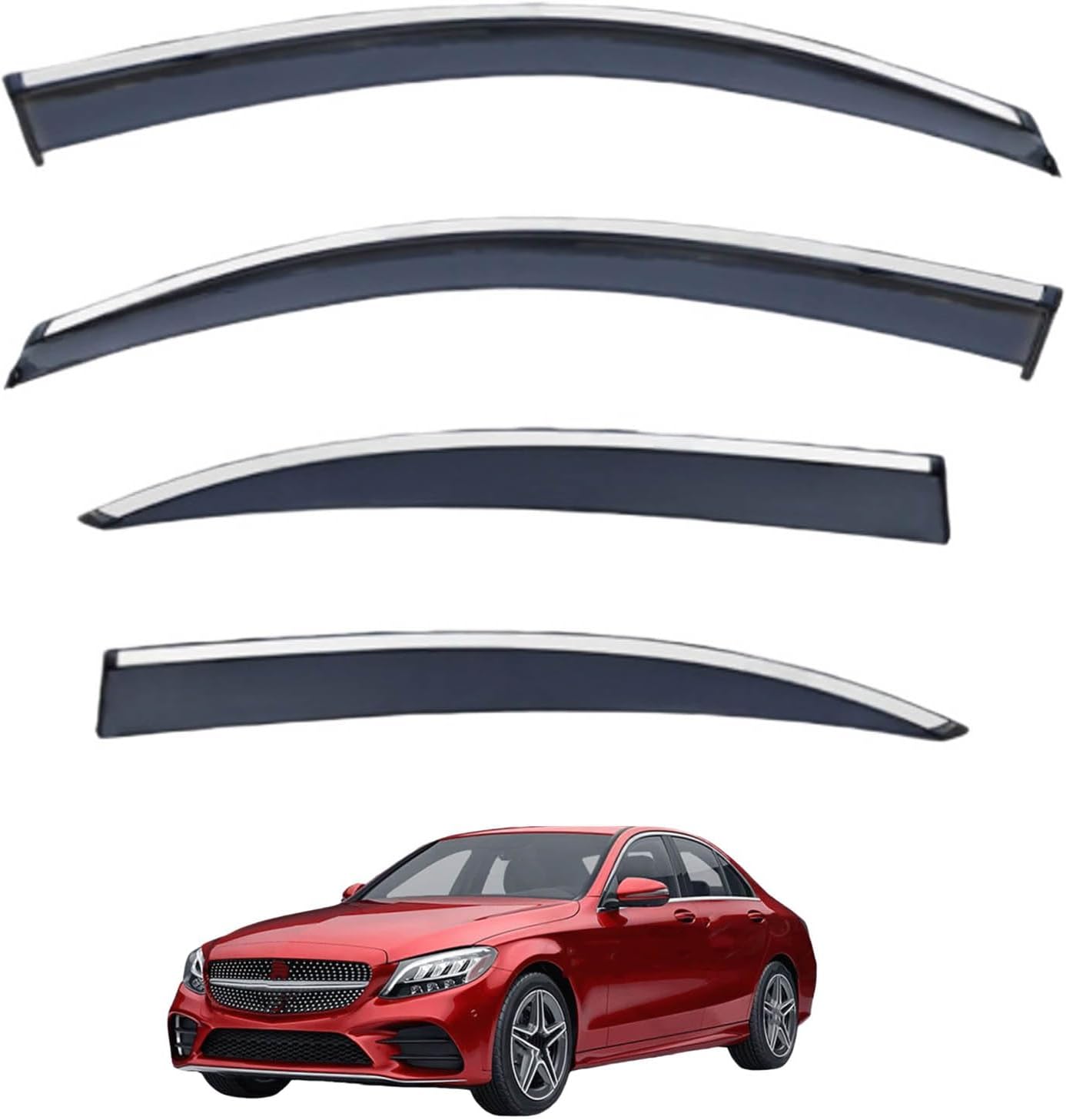 Window Deflectors for Benz C-Class Short Wheelbase MK4-W205 2015-2021, Sun Rain Guard Window Visors Vent Shades with Bright Stripes Car Accessories