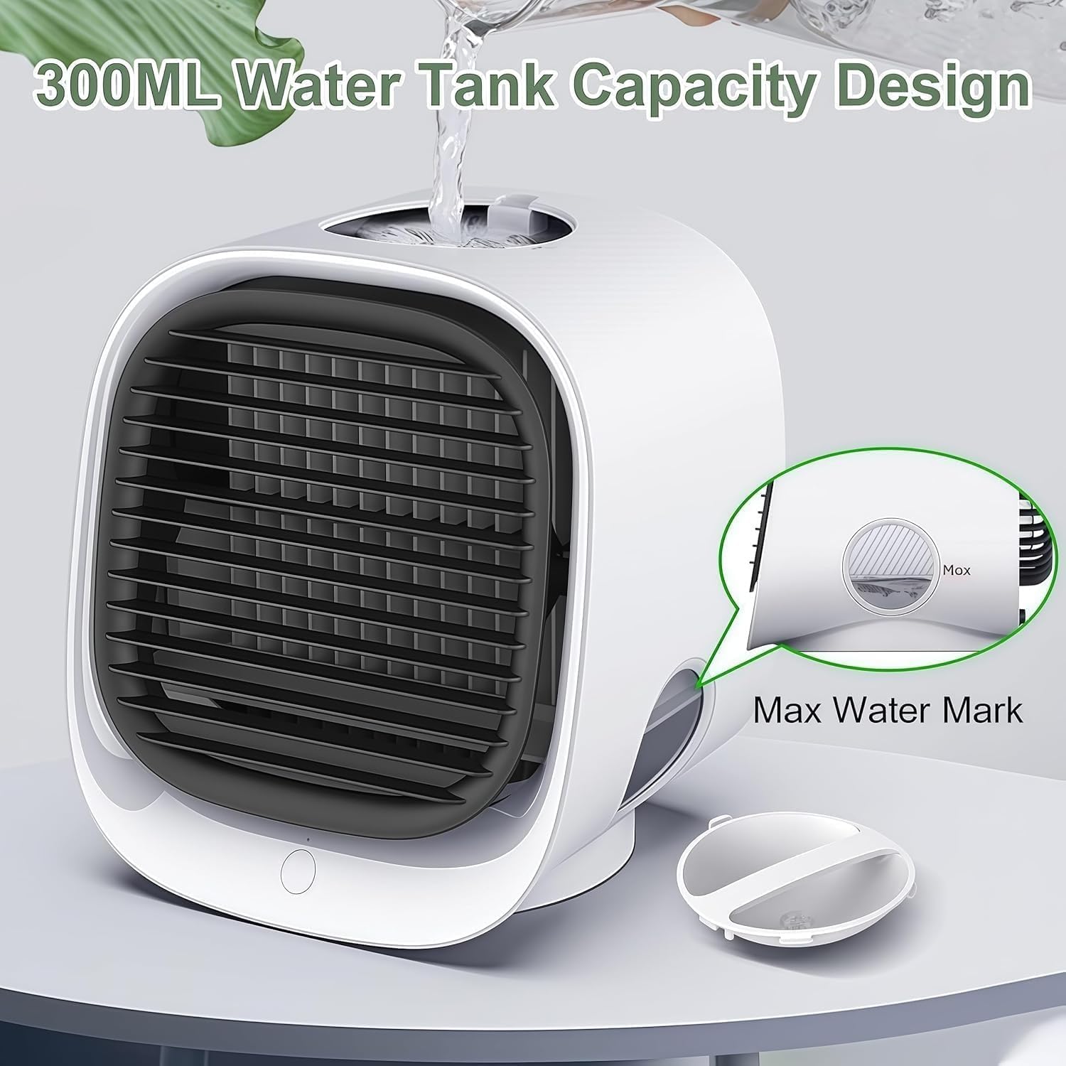 Portable Air Conditioner, Mini Air Cooler, 300 ML Water Tank, 8 Hours Of Use, with 3-Speed Cooling, Multi-angle Wind Adjustment, Built-In Night Light for Home, Office, Travel (White)