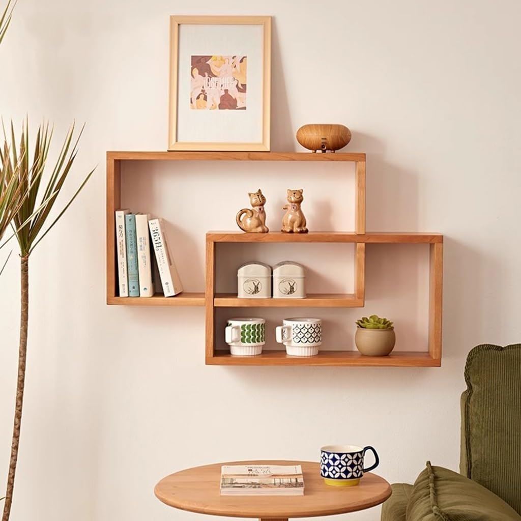 Storage Shelves Wall-Mounted Floating Shelves, Wood Floating Shelves Pack of 2 Wall Mounted Cube Rectangle Interlocking 80x14x48cm