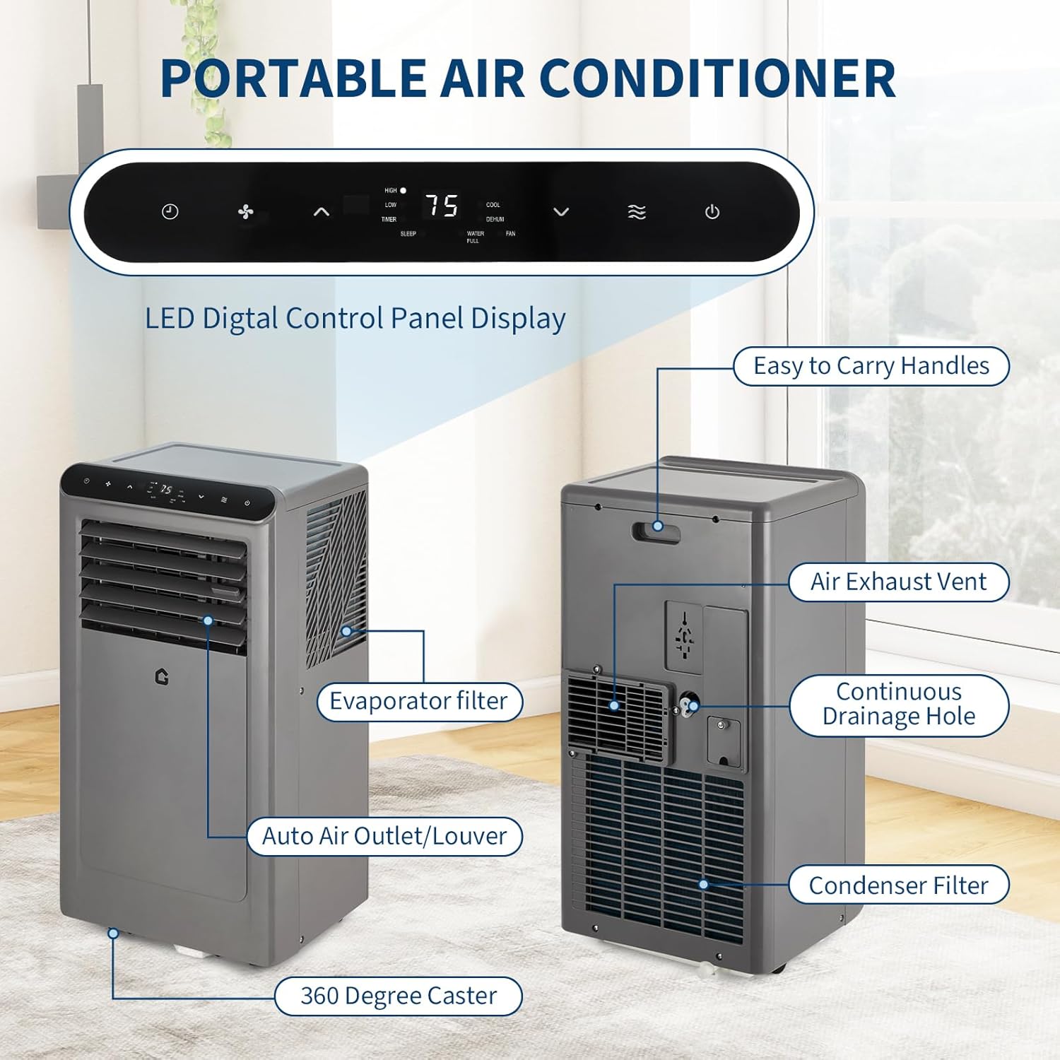8000BTU Portable Air Conditioners w/Remote/LED Control, Free Stand Cooling Portable AC Unit for Room up to 350 sq. ft, 3-in-1 AC (Cool, Fan, Dehumidifier), 24Hrs Timer,Quiet Sleep Mode(45dB)