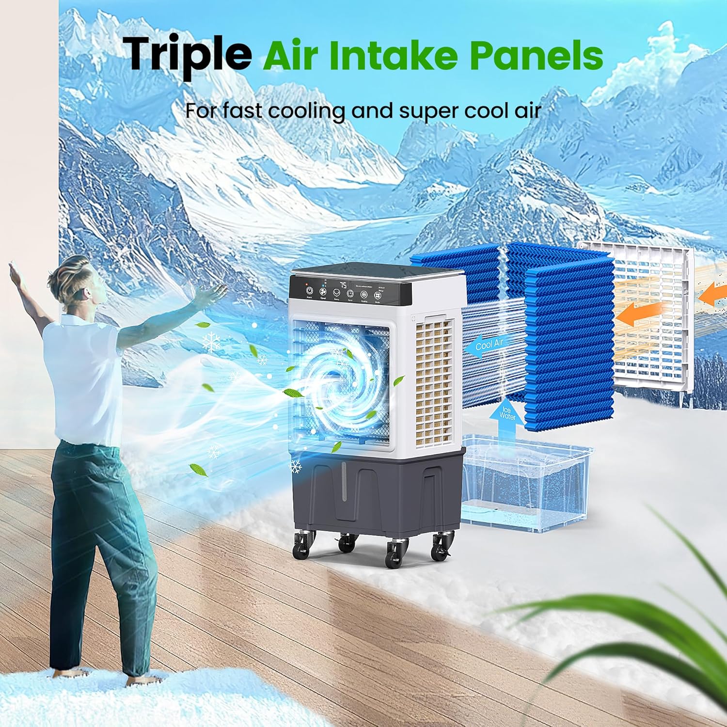 Swamp Cooler Air Conditioner with Dry Burn Protection, 4000 CFM Evaporative Air Cooler with 8-Gal Water Tank, 4 Modes, 3 Speeds, Remote, 12H Timer, Portable Windowless AC for Bedroom Home Office