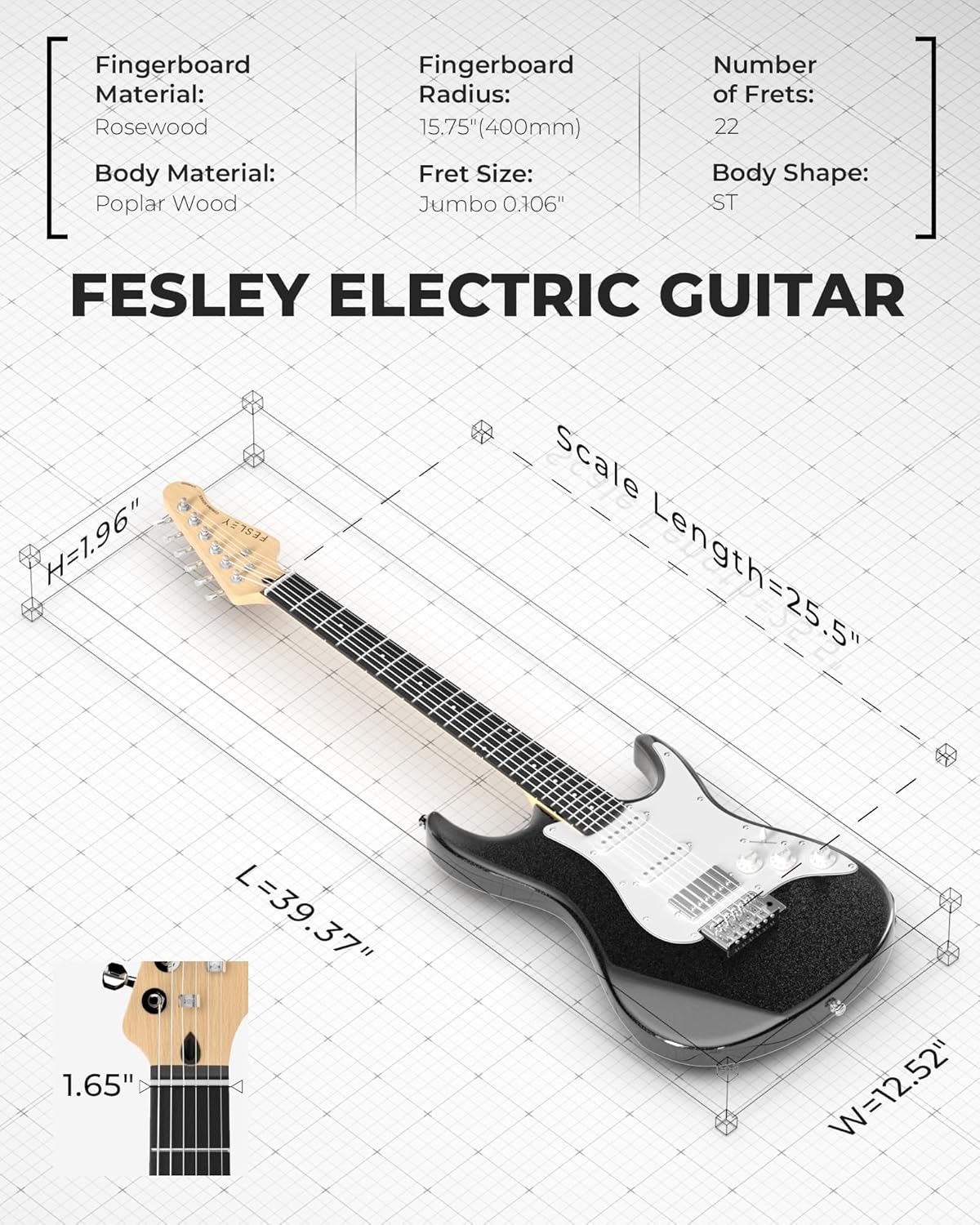 Fesley 39 Inch Electric Guitar: Beginner Electric Guitar Kit with HSS Pickup, Full Size Solid Body Guitar Starter Set with Amplifier, Bag, Strap, String, Cable, Picks, FST100, Black
