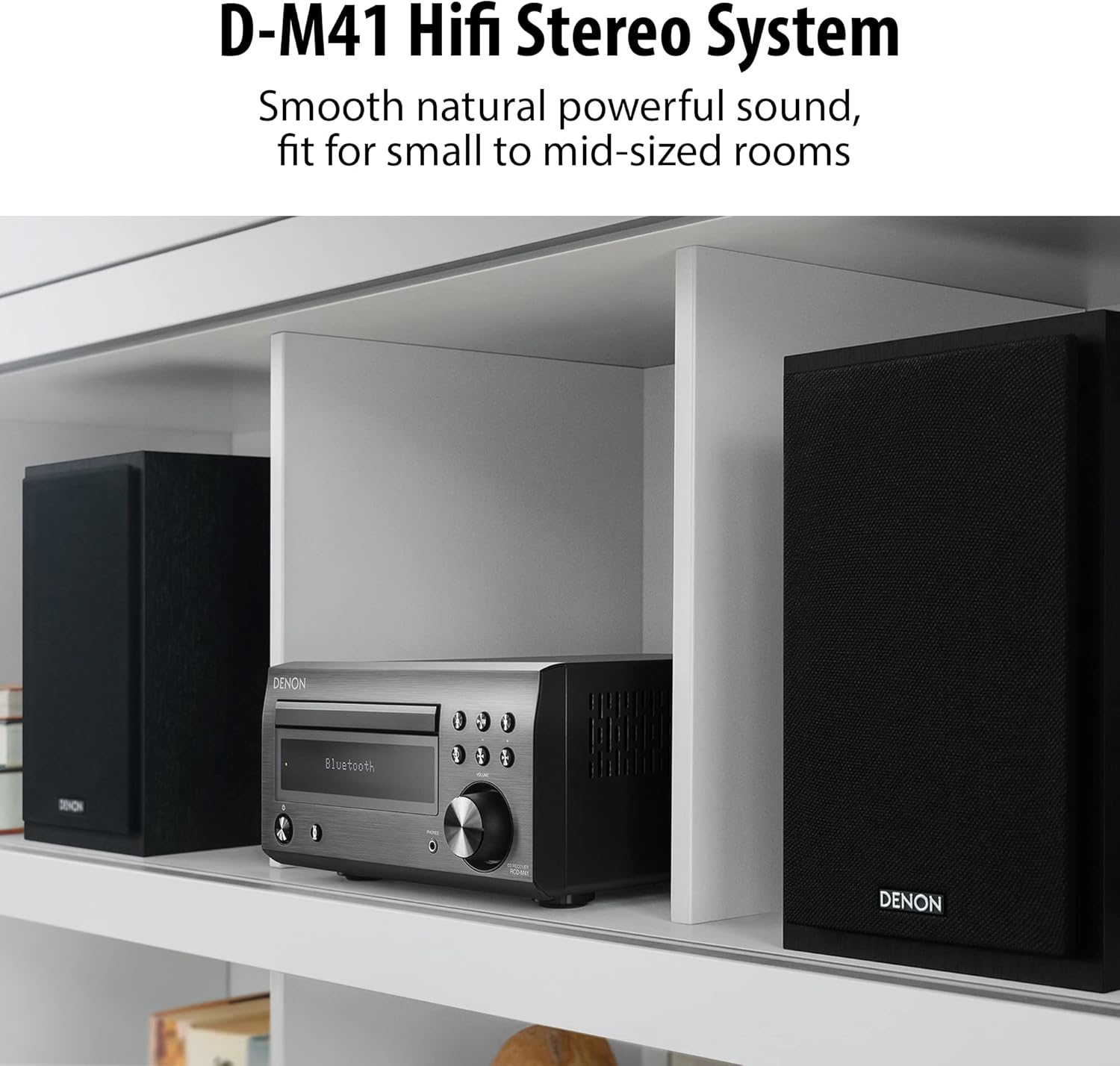 Denon D-M41 Home Theater Mini Amplifier and Bookshelf Speaker Pair - Compact HiFi CD Stereo System with Speakers, FM/AM Tuner, Wireless Bluetooth Amplifier | Perfect for Small Rooms and Home Cinema