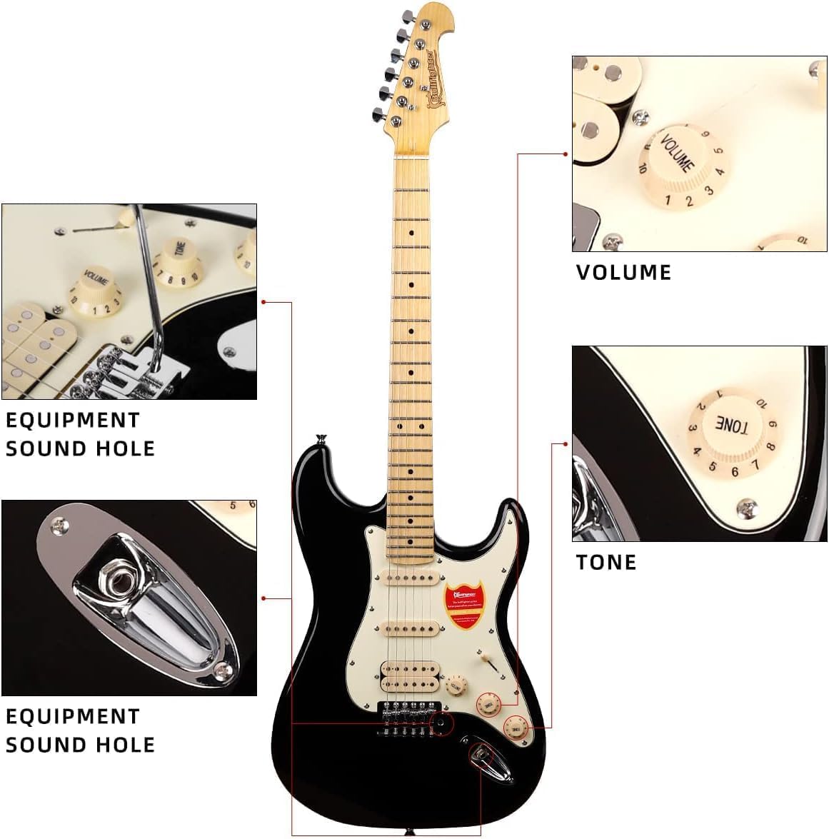 Bullfighter Electric Guitar for Music Lover Beginner 39 Inch Full Size Solid Body Electric Guitar Guitarra Beginner Kit ST SSH Series (Black)