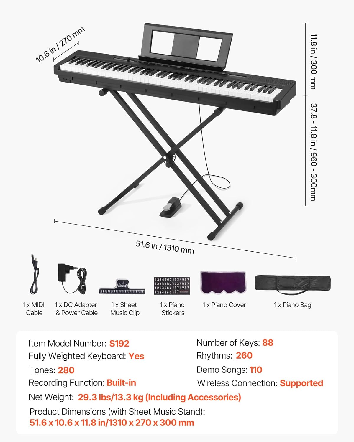 VEVOR Weighted Digital Piano, 88 Keys Fully Weighted, Electric Piano Dual Keyboard & Speakers with X Stand, Sustain Pedal, Recording Function, 280 Tones, Wireless Connection, for Beginners, Black