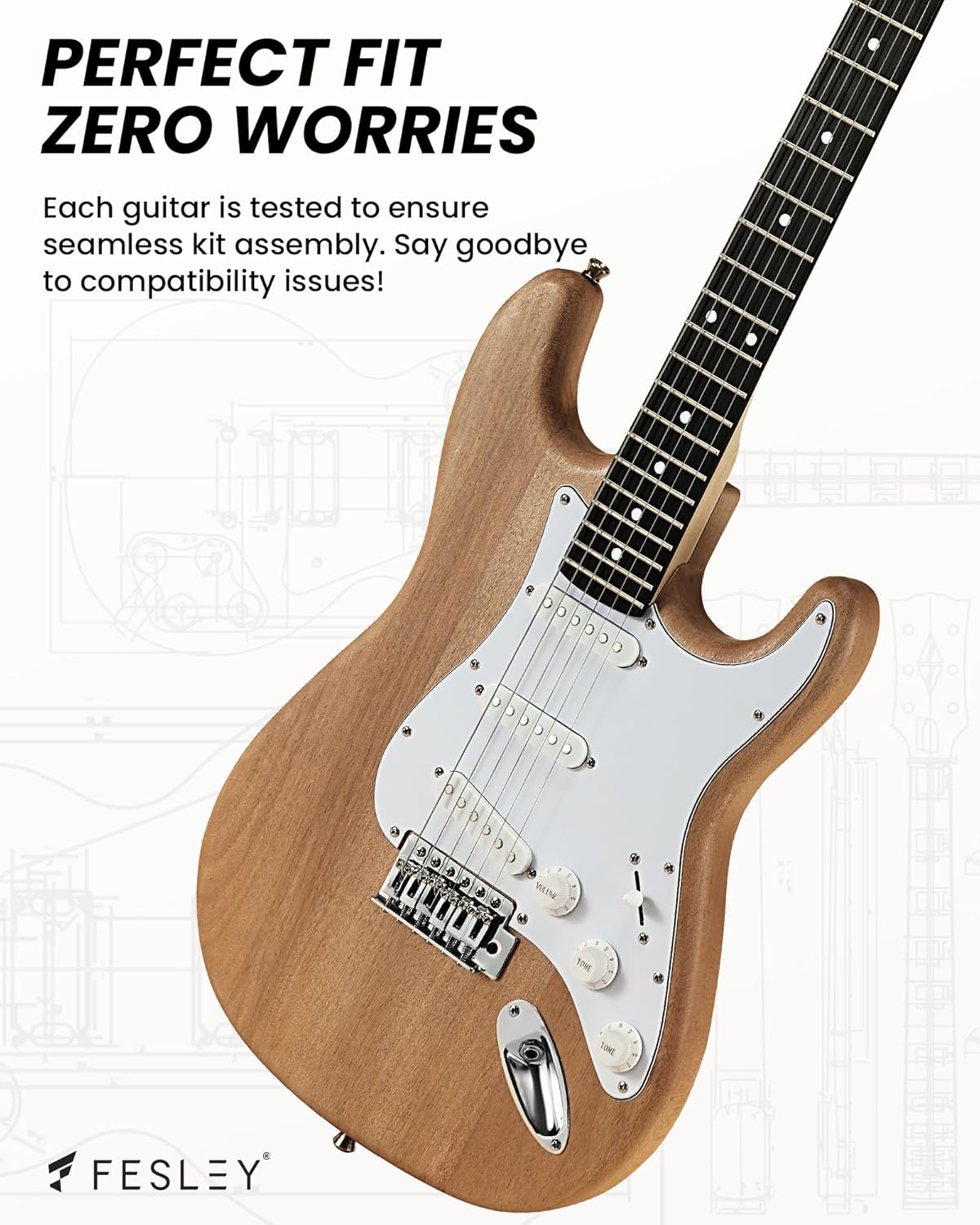 Fesley DIY Electric Guitar Kit with Mahogany Body/Maple Neck,6 Strings Electric Guitars,DIY Guitar Kit with Purpleheart Fretboard,SSS Pickups,ST Style Beginner Guitars, Build Your Own Guitar Kit