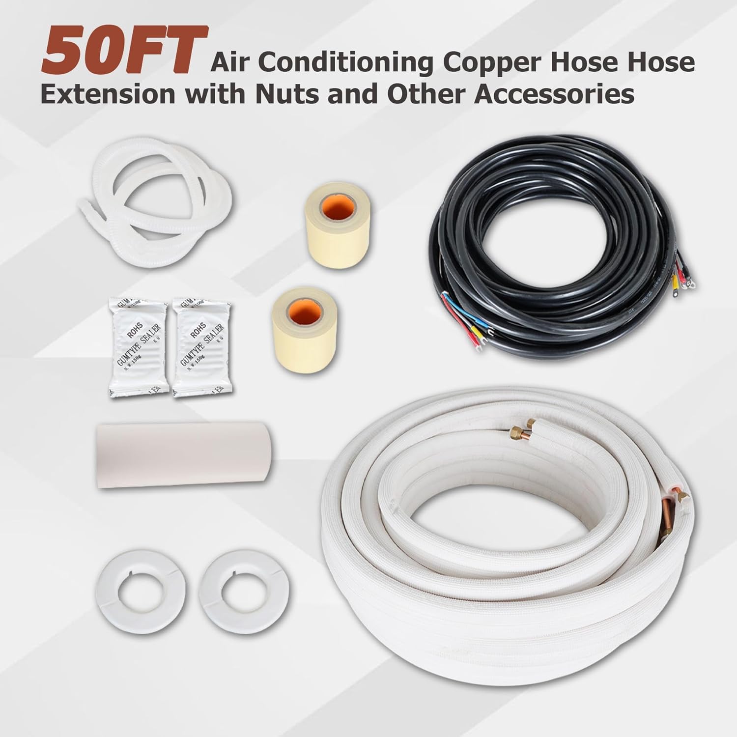 50 FT Air Conditioning Copper Hose Extension, 1/4 and 3/8 Inch Thickened Insulation Cotton with Nuts and Other Accessories Fit for Mini Split Air Conditioner