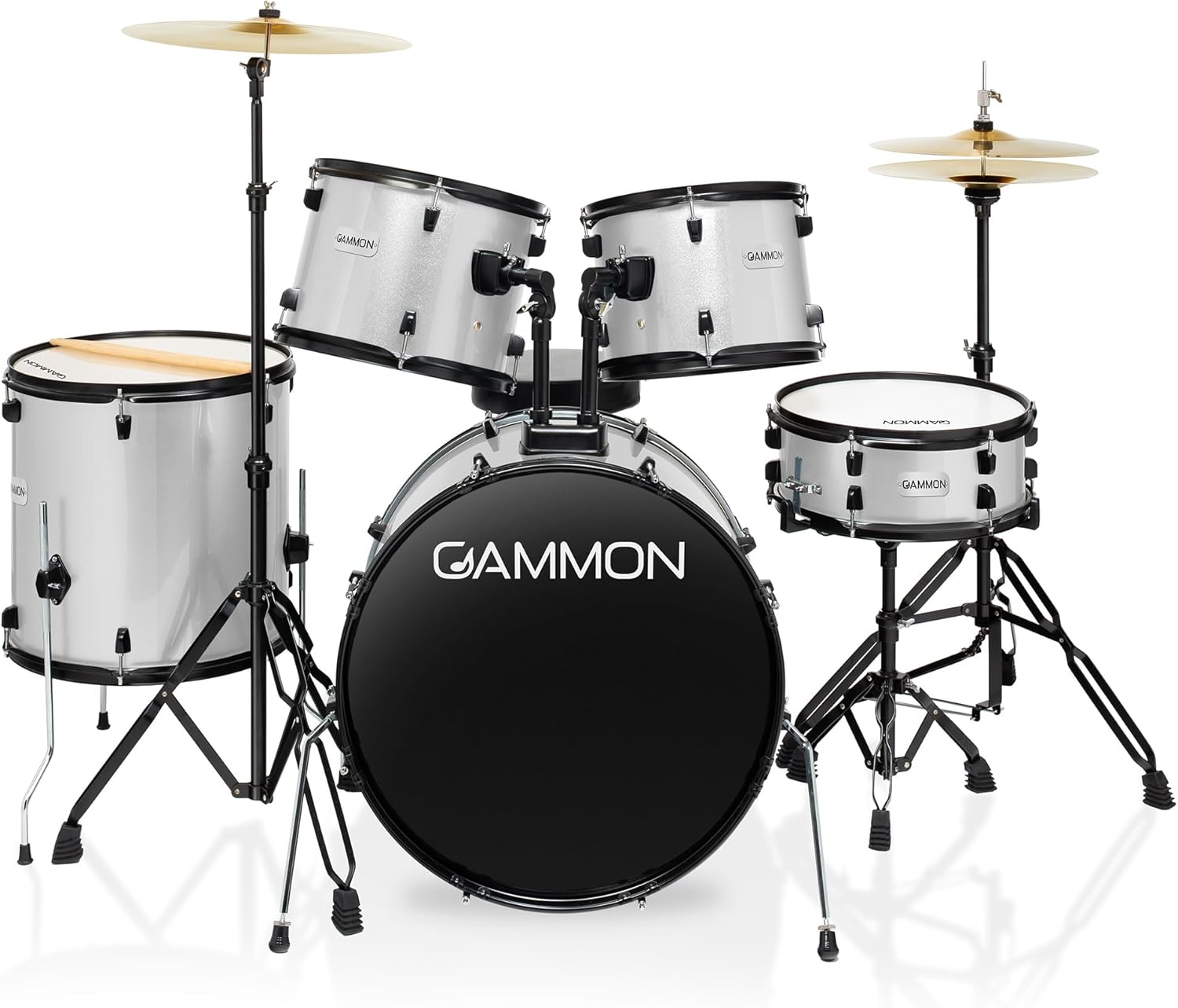 Gammon Percussion Full Size Complete Adult 5-Piece Drum Set with Cymbals, Stands, Stool, and Sticks - Silver