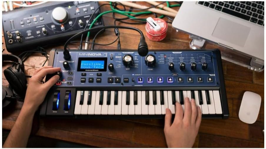 Novation MiniNova Analogue Modelling Compact 37 Mini-key Synth – Tough, compact, powerful mini-synth with pitch-correcting effect vocoder, 256 onboard sounds and five effects per voice layering Blue