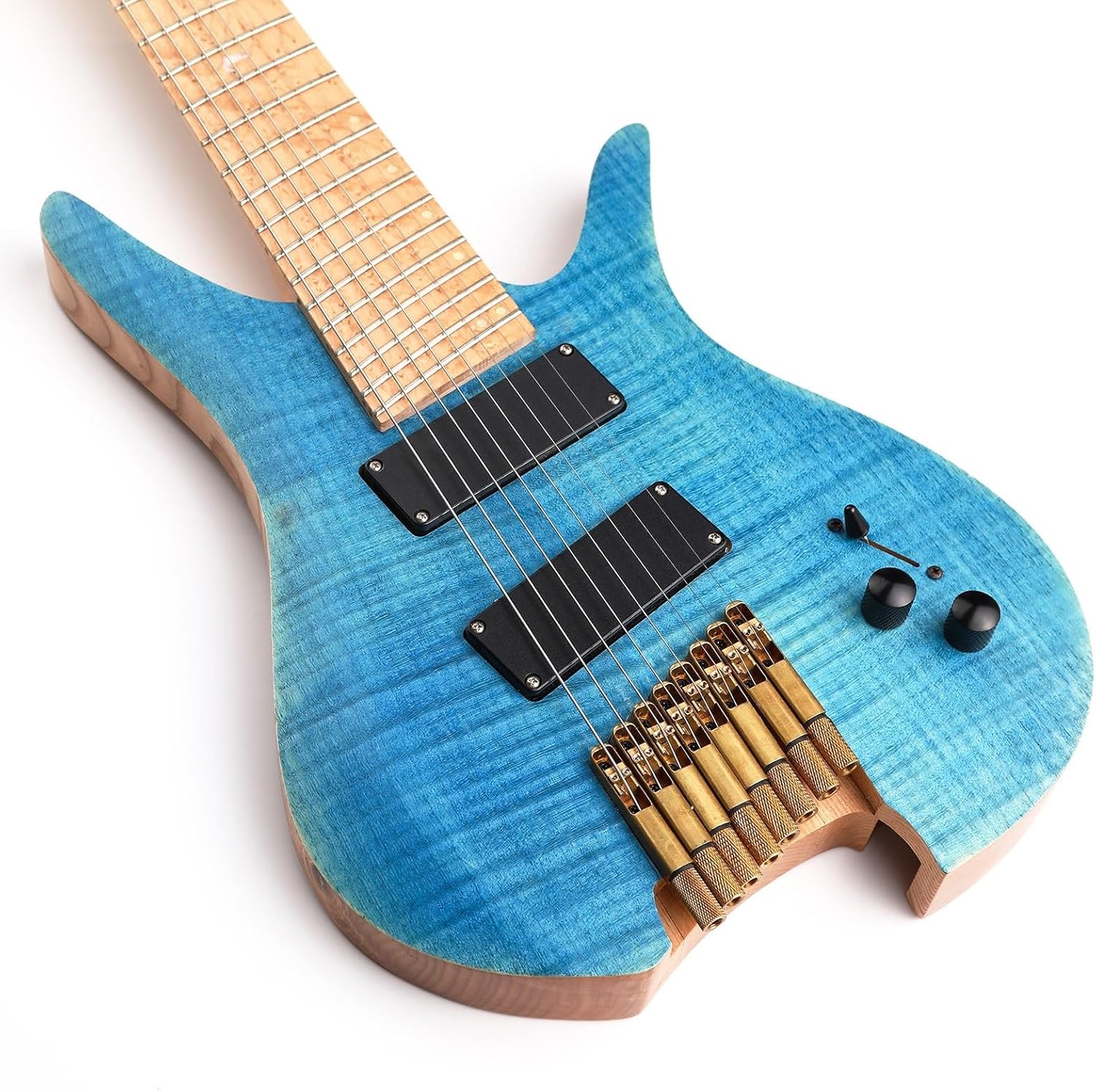8-String Fanned Frets Headless Electric Travel Guitar - Blue Ash Wood With Flame Maple Veneer