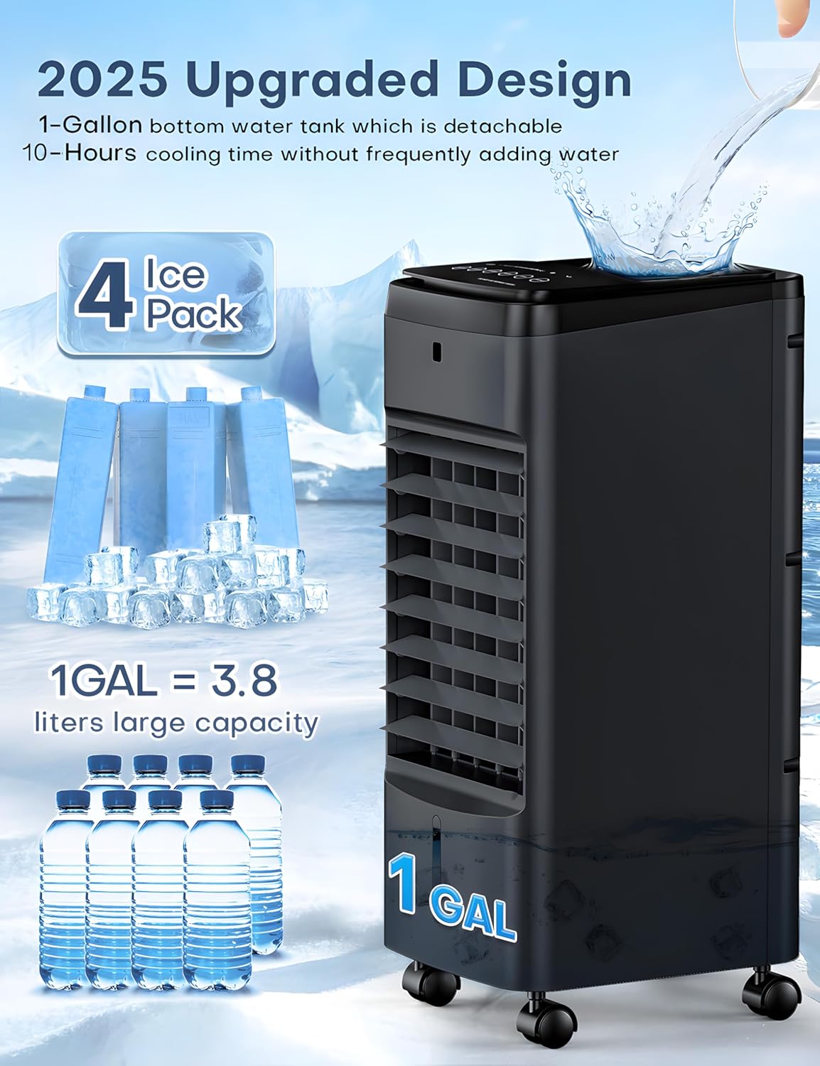 NOMEY 3-IN-1 Portable Air Conditioners 4 Modes & 3 Speeds, Waterless Alert System, 12H Timer, 1 Gal Detachable Water Tank, 4 Ice Packs, Remote, 70° Oscillation Windowless Evaporative Air Cooler