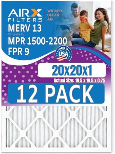 20x20x1 Air Filter MERV 13 Rating, 12 Pack of Furnace Filters Comparable to MPR 1500-2200 & FPR 9 - Made in USA by AIRX FILTERS WICKED CLEAN AIR.