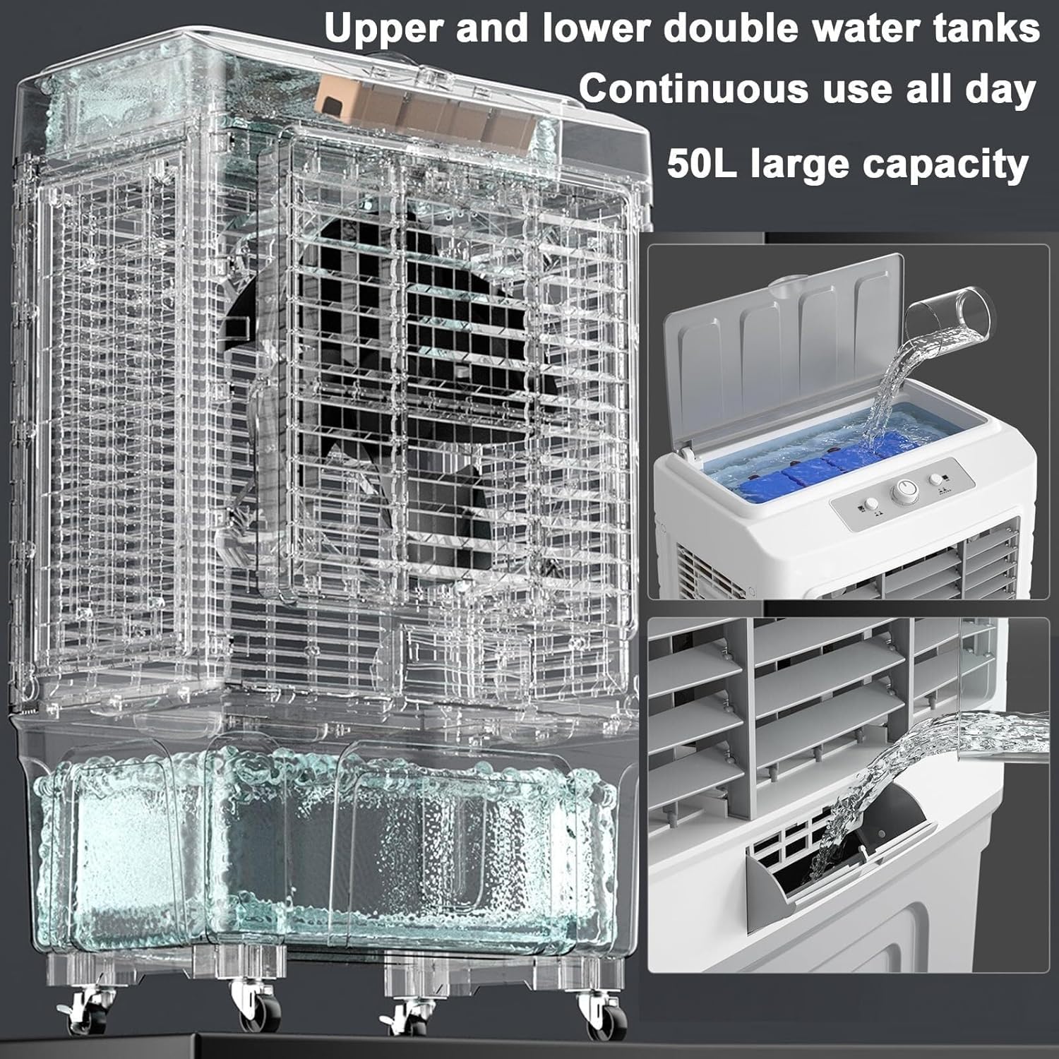 Mobile Air Conditioner, 3-in-1 Evaporative Air Cooler with 50L Water Tank, 6 Ice Boxes, 3 Speeds, Remote Control & 1-7H Timer for Home, Office, Dorm(55L)