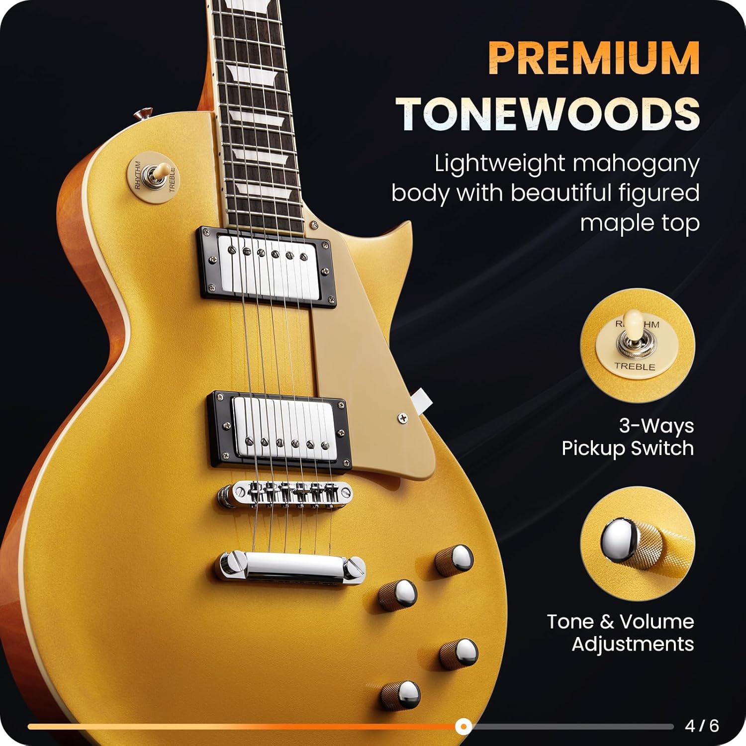 Fesley LP Electric Guitar with Arched Top Gold+Fesley Mini Guitar Amp 10W Portable Recharged Guitar Amplifier