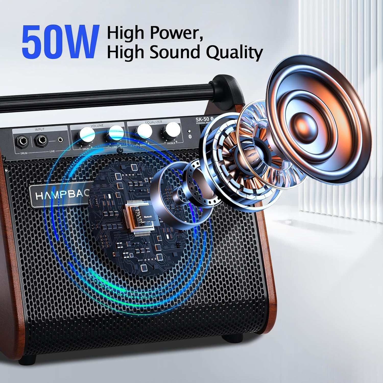 50W Bluetooth Studio Speaker - Pro Audio with Adjustable Reverb & Deep Bass for E-Drums/E-Guitar/E-Piano/Home Stage