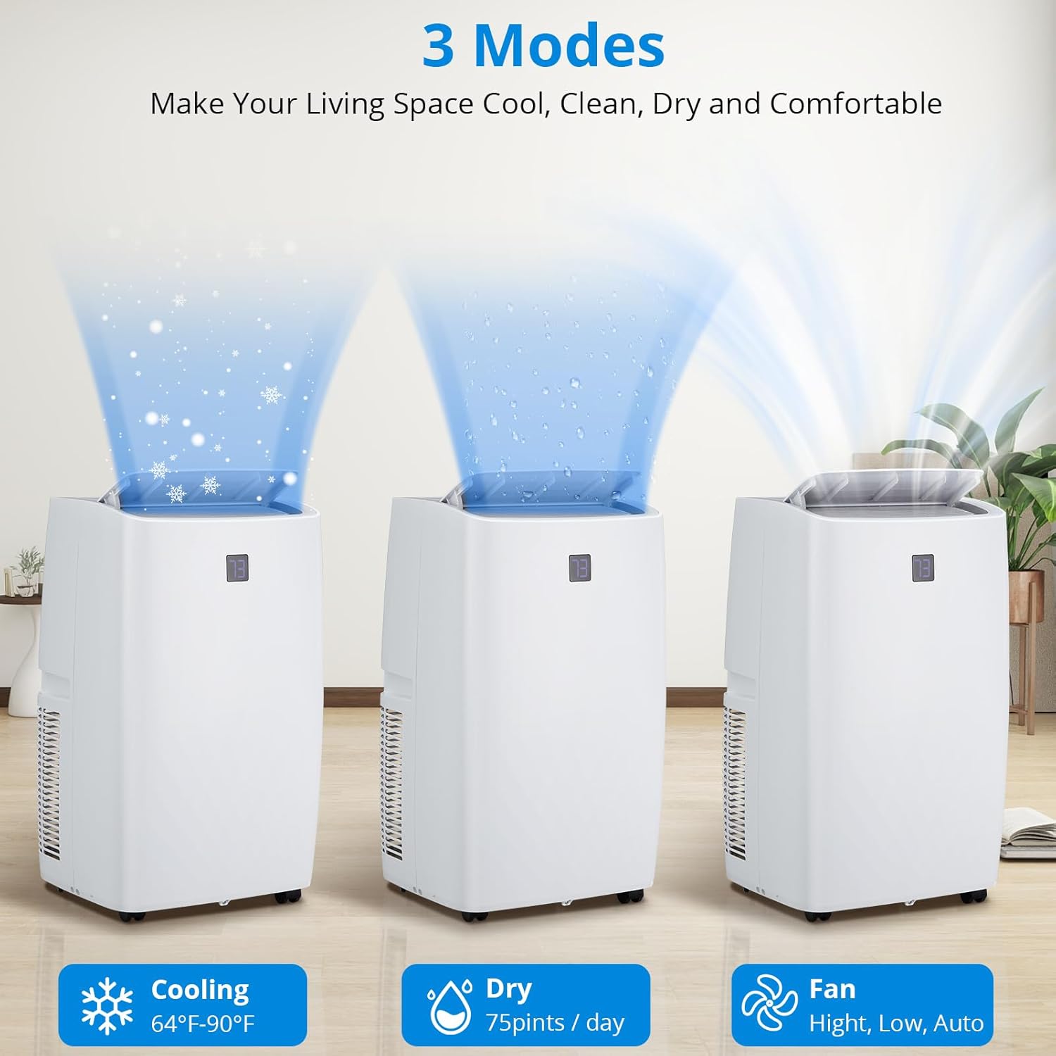 12,000 BTU Portable Air Conditioner, 3in1 Cooling, Dehumidifier, Fan for Rooms Up to 450 Sq. Ft. Digital Display, Remote Control Smart Sleep Mode
