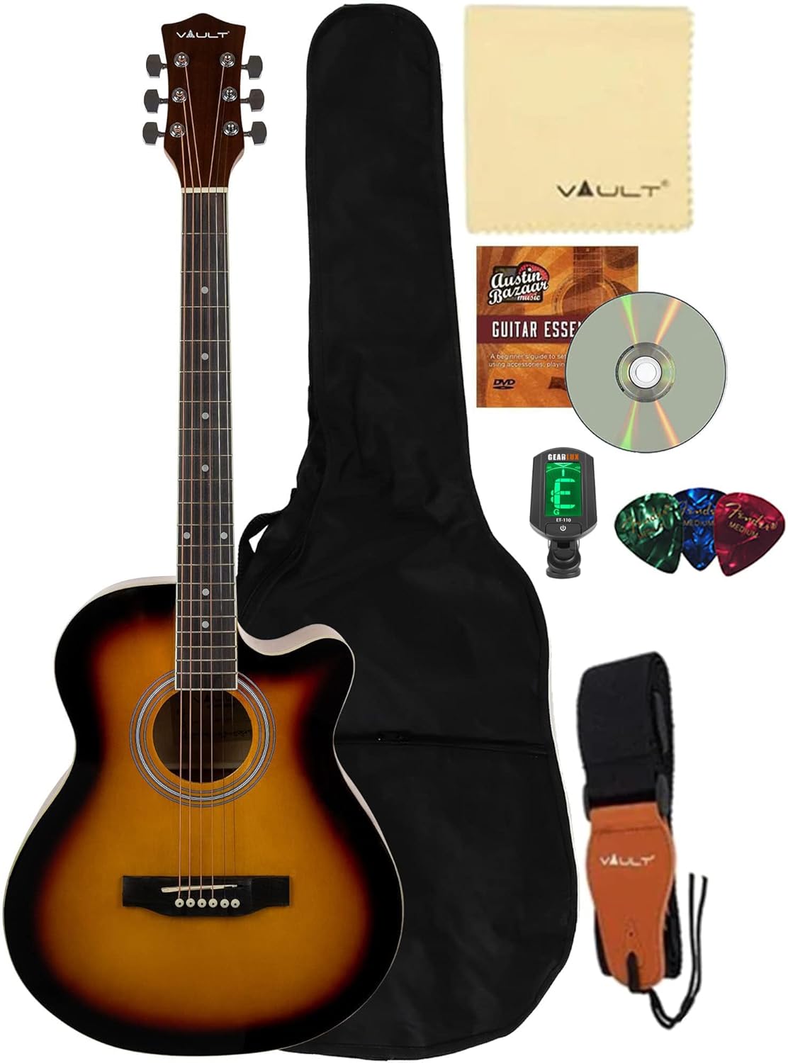 Vault EA-20 Full-Size Cutaway Acoustic Guitar - Sunburst Bundle with Gig Bag, Tuner, Picks, Strap, and String Winder