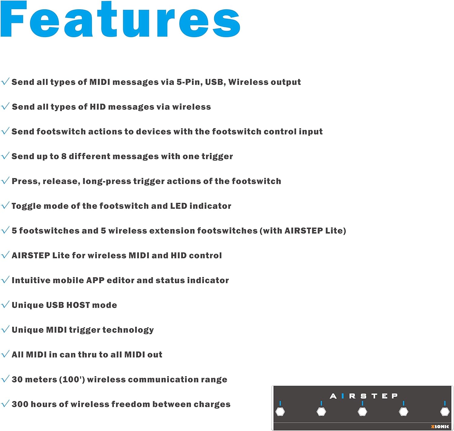 XSONIC Airstep Smart Multi Controller with MIDI, HID, 5 Footswitch, 2 Expression Pedal In, 300H Playtime, Support HX Stomp, Quad Cortex, DAW, Plugin, Youtube Video, Page, Atem, Hands Free Controller