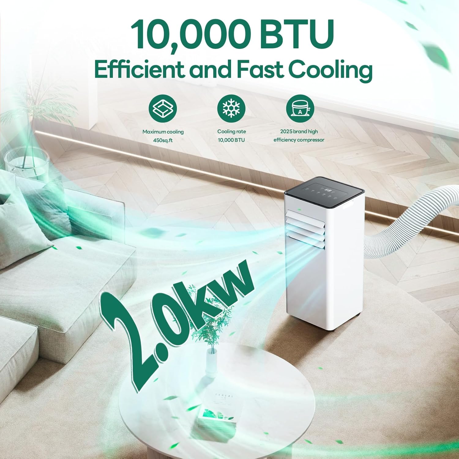 ZAFRO 10,000 BTU Portable Air Conditioners, Air Conditioner for Room Up to 450 Sq.Ft, 3-in-1 Portable AC Unit Cool & Dehumidifier & Fan Modes with Remote Control, White